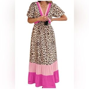 Leopard Print Maxi Dress with Pink Accents